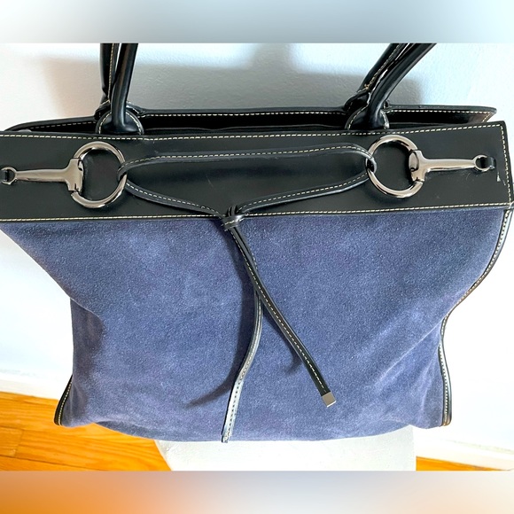 Franklin Covey Blue Suede Leather Shoulder Equestrian Bag Purse - Picture 7 of 13